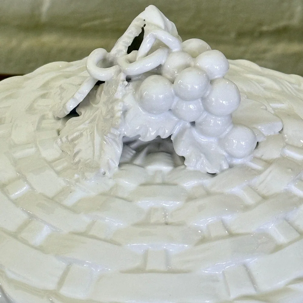 Vintage Italian White Ceramic Basketweave Lidded Dish Grape Motif Made in Italy